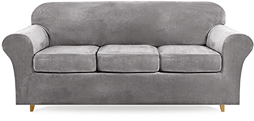 Lamberia High Stretch Sofa Cover For 3 Cushion Couch 4 Pieces Thick &Washable Plush Velvet Sofa Slipcover Couch Cover Furniture Protector For Dogs,Pets&Kids(Sofa-L,Silvergray) #TOP10