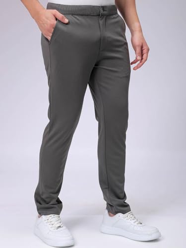 Image of The Indian Garage Co Men Slim Fit Solid Mid-Rise Stretchable Knitted Jogger Trousers