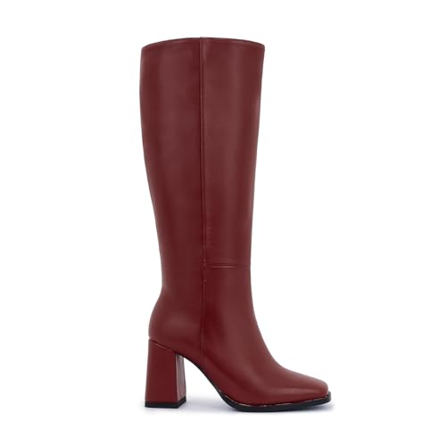 Image of Knee High Boots for Women - Wide Calf Boots with Zipper, Square Toe Tall Leather Boots, Chunky Heel Fashion Long Boots