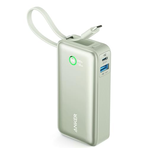 Anker Nano Power Bank (30W, inbyggd USB‑C‑kabel), mobilbatteri 10000mAh, 30W uteffekt, hög kapacitet, LED‑display, med PD/PowerIQ, kompatibel med iPhone 17, 16, 15, 14, Android, MacBook och andra enhe