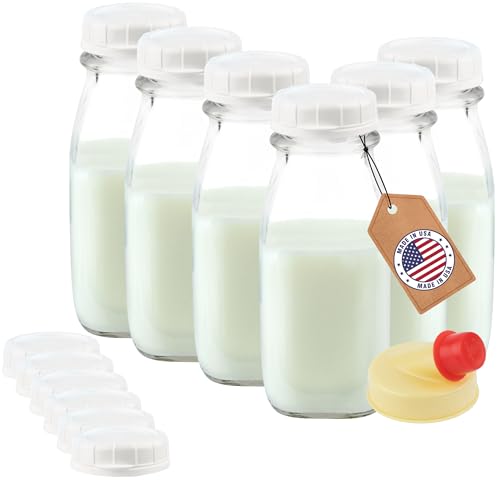 kitchentoolz 12oz Square Glass Creamer Bottles with Lids (6 Pack) – 12 Tamper-Resistant Caps – Perfect for Lunch Boxes – Reusable Mini Milk Bottle Set for Creamer and Juice – Includes Silicone Pour Spout