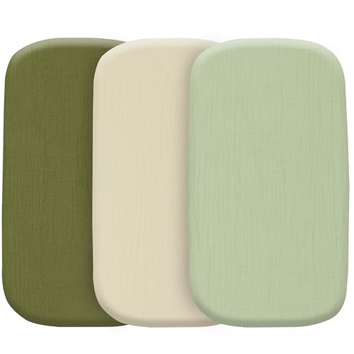 Image of Muslin Bassinet Sheets, 3-Pack 100% Cotton Fitted Bassinet Mattress Sheets, Olive Green, Universal Fit 33x17x4