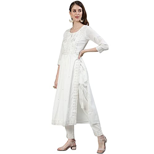 Image of Ishin Women's Pure Cotton Straight Embroidered Zari Floral Print Off White Kurta Suit Set with Trouser