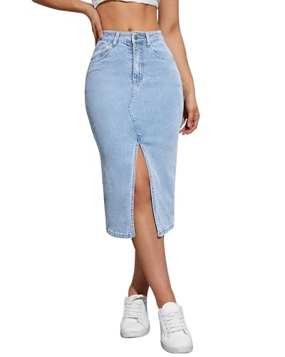 Midi Denim Skirt High Waisted Front Split Casual Stretch