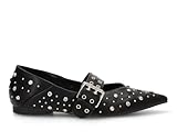 Etika Zapatos Planos de Punta Fina para Mujer, Bailarina Estilo Mary Jane con Tiras de Strass Brillantes y Cierre de Hebilla, Modelo 63316 Negro - 37