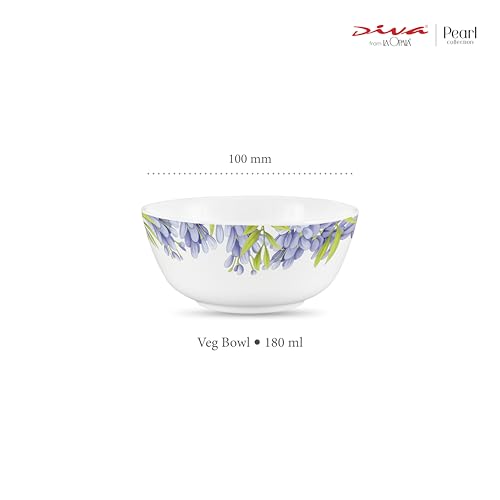 Image of La Opala Diva, Pearl Collection Opal Glass Crockery | Vegetable Bowl 220 ml Set of 6 | Lively Hues Design | for dal & Condiments | Microwave Safe | 100% Vegetarian | Extra Strong | Light & White