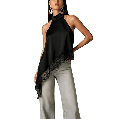 Women Satin Halter Top Y2K Mock Neck Lace Trim Asymmetrical Hem Tank Top Sleeveless Going Out Crop Tops B Black