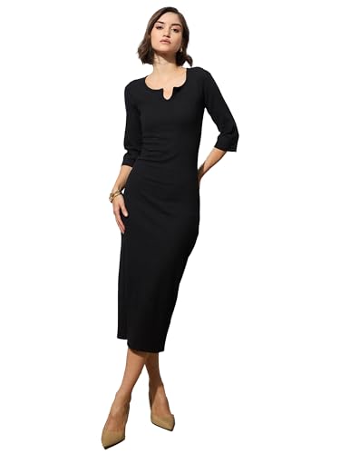Image of barcino Black Rib Deep V-Neck Ankle Midi Dress