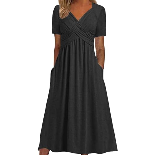 Vestido Cuero Mujer Sexy Vestido Largo Suelto Informal de Manga Corta sólido a la Moda para Mujer con Bolsillos Vestido Invierno Boda (Black, S)