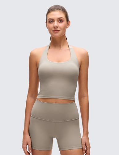 Image of CRZ YOGA Butterluxe Halter Crop Tank Tops | Light Support, Removable Pads, Yoga, Extremely Soft, Open Back, Longline Sports Bras for Women