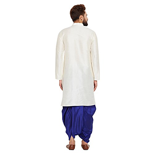 Image of SOJANYA (Since 1958 Men's Off-White and Gold Dupion Silk Dhoti Kurta Set