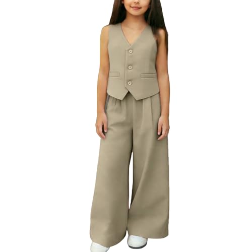 XINYUNZU Mädchen Anzug Set Elegante Outfit 2-Teiliges Set Hosenanzug Blazer Ärmellos + Hose Baggy Kinderkleidung Freizeitanzug Sommer Mädchenbekleidung Bekleidungssets für Kinder Khaki 11-12 Jahre