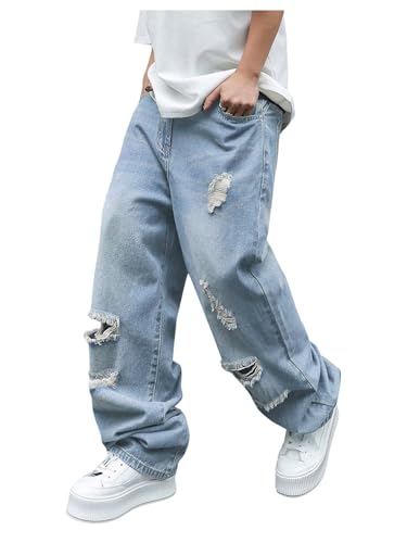 SweatyRocks Men's Baggy Jeans Ripped Loose Low Waist Casual Wide Leg Denim Pants Streetwear