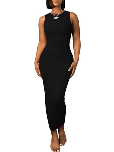 Image of Ulovmi Women's Maxi Bodycon Summer Dress Long Formal Ruched Sundress Elegant Casual Tank Sleeveless Dress Party Cocktail
