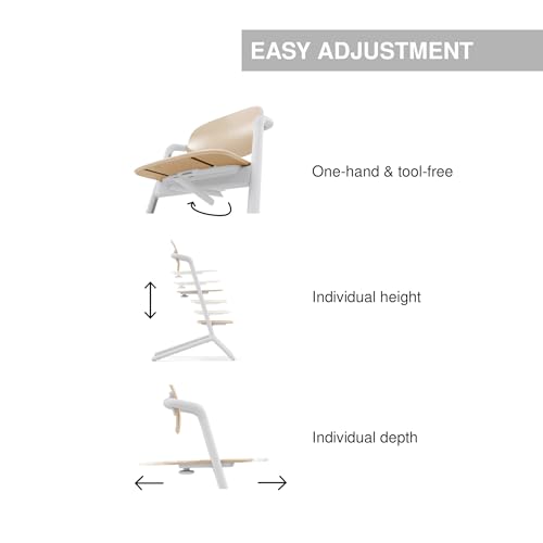 Image of Cybex LEMO Toddler High Chair with Modern Design, Easy One Hand Depth and Height Adjustment, Anti-Top Wheels, and Easy Assembly, Convertible to Adult Chair - Sand White