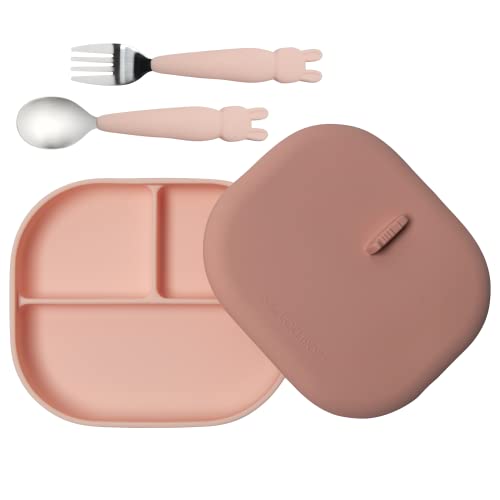 Image of Loulou Lollipop Kids Silicone Divided Plate with Lid, Fork and Spoon Set (Blush Pink)