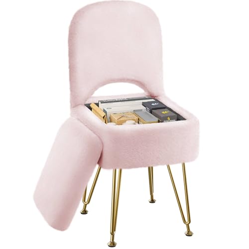 GREENSTELL Small Vanity Stool Chair with Storage and Folding Back, 13.4' x 15' x 30' Square Faux Fur...