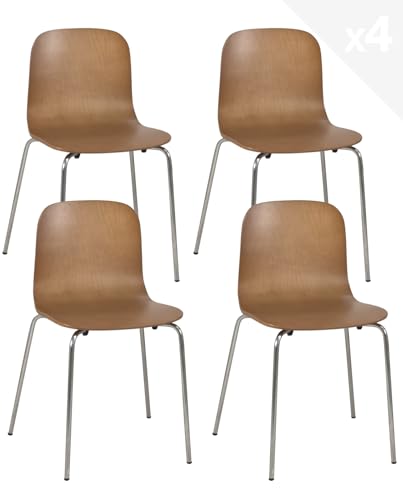 KAYELLES Lot de 4 chaises de Cuisine Design cafétéria rétro Vintage siège Bois de Bouleau plaqué Pied chromé (Bois foncé)