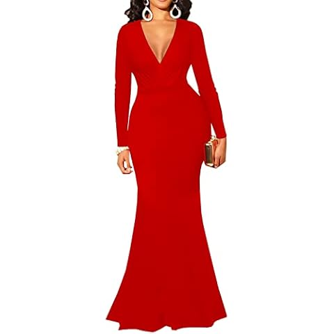 Yajedo Formal Dresses for Women Sexy Deep V Neck Warp Long Sleeve Party Maxi Dress, Ared, Medium Cover