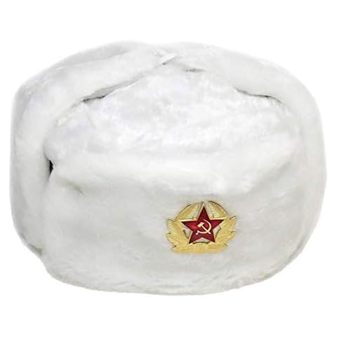 MA ONLINE Adults Faux Fur Ushanka Cossack Flaps Hat Unisex Trapper Hat with Soviet Badge White One Size (Fits All) Cover