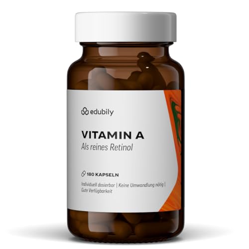 edubily® Vitamin A Kapseln als Retinol - 400 I.E. Retinylacetat pro Kapsel - 2000 I.E. pro Tag und Kapsel - Vegan - Laborgeprüft (180 Kapseln)