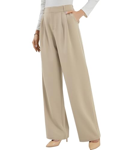 FABRACK Women’s Wide Leg Dress Pants Elastic Waist Comfy Work Pants Business Casual Office Travel Slacks with Pockets(Khaki, Large)