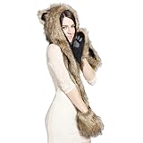 FakeFace 3 in 1 Unisex Men Women Girls Faux Rabbit Fur Cartoon Animal Fox Ears Hood Hoodie Earflap Hat Long Scarf Snood Wraps Winter Warm Paws Mittens with Pocket Gloves, Brown - One size fit most