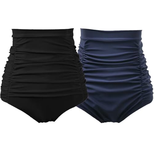 Image of COCOPEAR Women's Ruched High Waisted Bikini Bottom Retro Vintage Swim Short Tankinis
