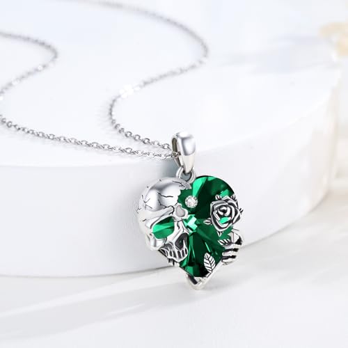 Image of S925 Sterling Silver Skull Pendant Necklace Heart Crystal Birthstone Skull Necklace Gothic Jewlery Gifts