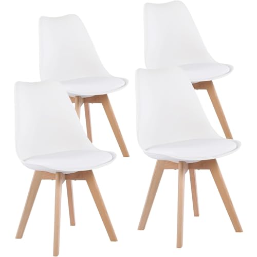 4 Chaises Tulipes Salle à Manger Scandinaves BM Home Salle de Bureau, Pieds en Bois de Hêtre Massif, Blanches