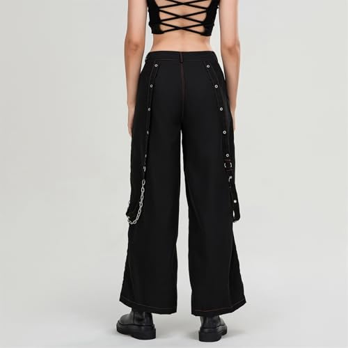 Women Cargo Baggy Pants Y2K Punk Low Waist Wide Leg Denim Bootcut Jeans Vintage Hip Hop Blokette Strap Chain Streetwear4