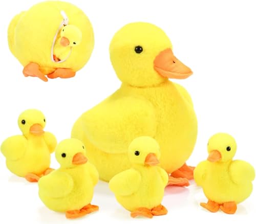 Zomiboo 5 Pcs Duck Plush Set - Mama & 4 Baby Ducklings with Zipper Pouch, Soft Plush Stuffed Animals, Toys Family(Yellow Duck)