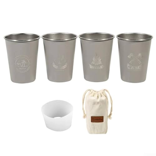 Juego de tazas de acero inoxidable 304 para exteriores, 4 tazas coloridas para camping, picnic, barbacoa, tazas apilables con bolsa de lona - 350 ml de capacidad (juego de cuatro piezas gris)