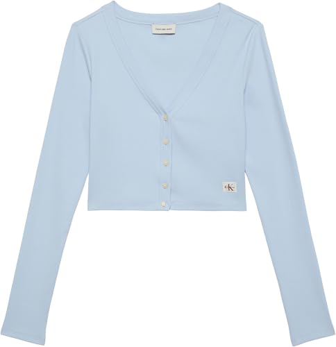 Calvin Klein Damen Strickjacke Cardigan Woven Label Rib mit Knopfleiste, Blau (Breezy Blue), L – Ansicht 6