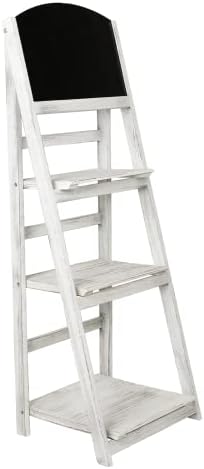 ECOMEX Foldable Ladder Shelf, Plant Stand, Ladder Shelf with Blackboard, Indoor Plant Stand, Ladder Bookshelf, Wood Rustic Ladder Shelf for Patio Garden Home Living Room Decor(White)