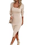VintageClothing Women's 2025 Fall Long Sleeve Sweater Dress Square Neck Side Slit Bodycon Ribbed Knit Slim Fit Midi Dress, M Apricot