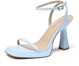 Reitoye Light Blue Heels for Women Ankle Strap Platform Heeled Sandals Square Open Toe Chunky High Heels Block Heels Size 9