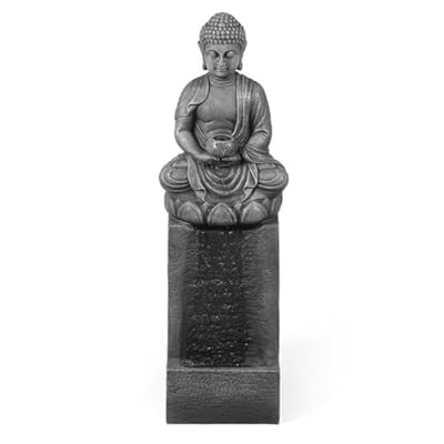 LuxenHome Resin Meditating Buddha on Column Patio Fountain with LED Lights, Zen Water Fountain Decor for Garden Fold Court Backyard Deck, 35 Inch, Gray