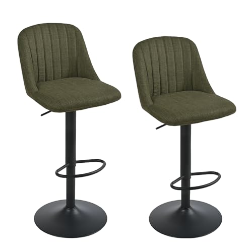 Goeurvant Taburetes de Bar Giratorios 360° - Juego de 2 Regulables en Altura con Respaldo, Sillas de Bar Acolchadas, Sillones Giratorios de Lino para Bar, Cocina, Encimera, Verde Césped