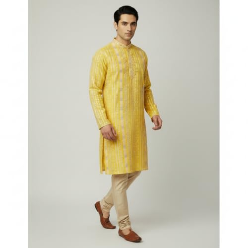 Image of Men's Pure Cotton Kurta Regular with Mandarin Collar | Printed Long Kurta for Festive, Casual