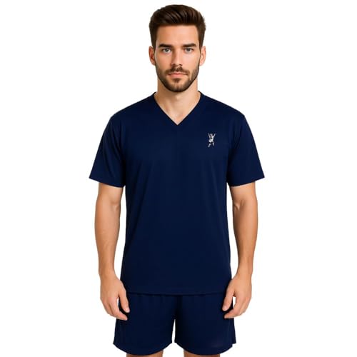 Pijama Masculino Verão Gola V Camisa Manga Curta Short Adulto Davi (BR, Alfa, GG, Regular, Regular, MARINHO)