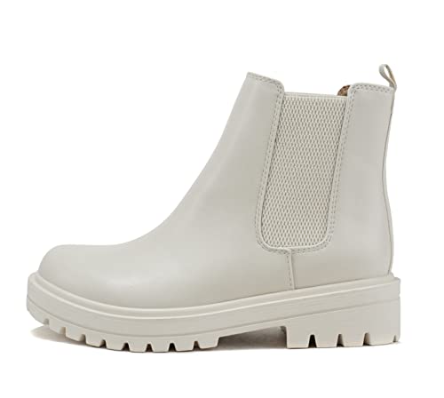 Soda Pilot ~ Women Lug Sole Low Heel Chelsea Fashion Ankle Bootie w/Double Elastic Gore (BONE PU, us_footwear_size_system, ad