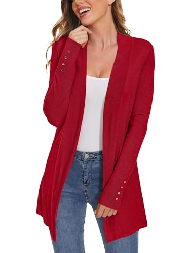 Image of Women Long Knit Cardigan Lightweight Open Front Sweaters | Capsule Wardrobe for Women, Relaxed fit, Buttoned Ribbed cuffs, Dressy Business Casual , for spring early fall office work