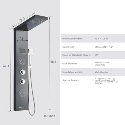 POPFLY Shower Panel Tower System with LED MIST & RAIN Shower Head, 2 Body Jets with LED, Tub Spout and Temperature Display, Water Powered Led Shower Tower Column Stainless Steel, Black