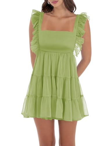 Image of Women's Summer Square Neck Tie Back Ruffle Sleeve Tiered Casual A-Line Short Mini Dress