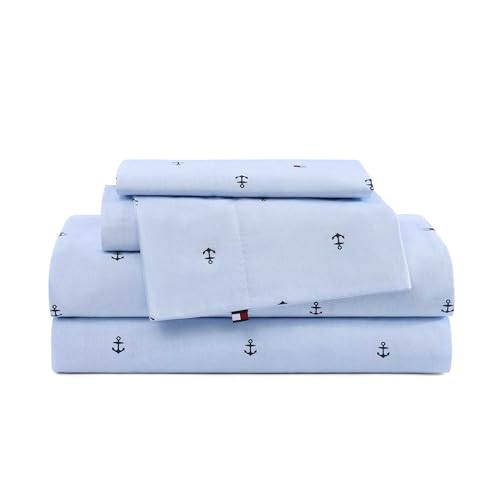 Tommy Hilfiger Queen Size Sheet Set Soft Cotton Percale Bedding with Crisp Cooling Comfort Deep Pocket Fitted Sheet with Matching Pillowcases Americana Decor (Nautical Anchor Light Blue)