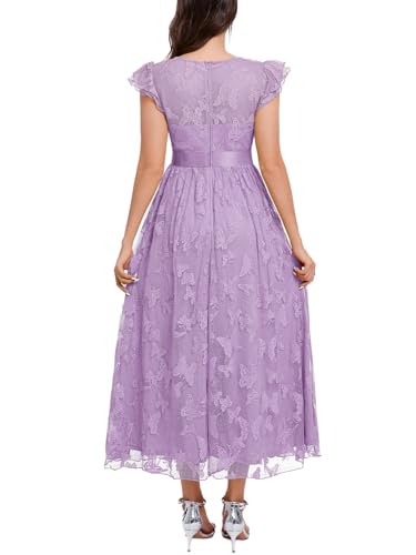 Image of Women's Casual Tulle Midi Dress Ruffle Sleeve Crewneck Lace Flowy Dresses Party Wedding Guest Sundress