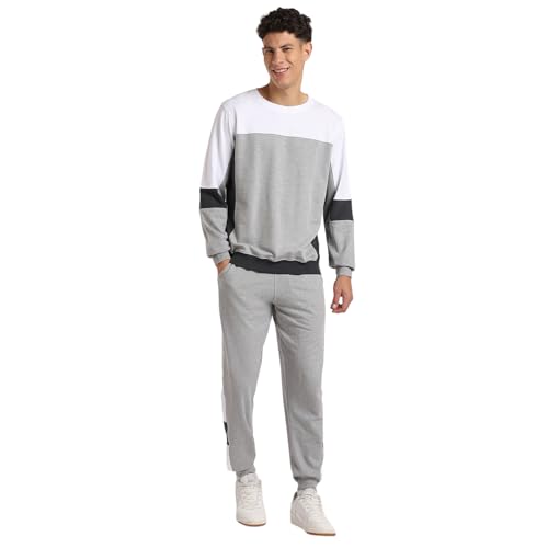 Image of NOBERO Grey Melange Co-ord Set for Men | Comfy Pure Cotton Grey Lounge Wear | Jogger and Sweatshirt Set