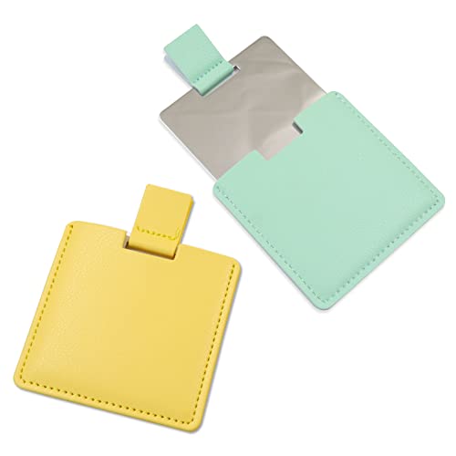 Lot de 2 miroirs compacts incassables en Acier Inoxydable pour Sac à Main, Miroir de Voyage incassable avec étui en Cuir synthétique, Miroir de Rasage pour Homme et Femme, Maquillage (Vert et Jaune)
