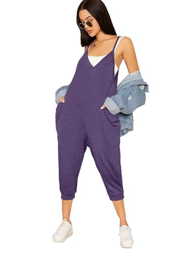 STOLKISS Women Casual Jumpsuits Deep V Neck Overalls Loose Sleeveless Adjustable Spaghetti Strap Wide Leg Rompers with Pockets